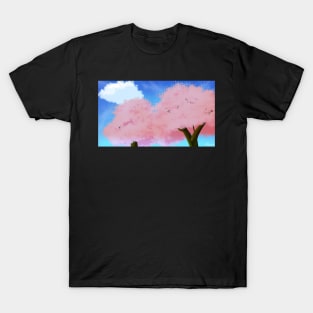 Pink Cherry Blossom Tree Scenery - Calm and Relaxing Anime Nature Painting T-Shirt